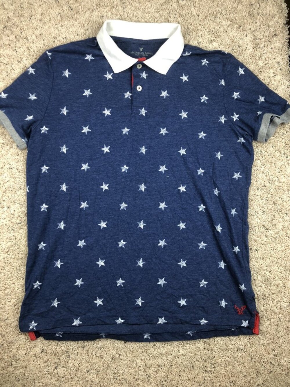 American Eagle Polo Shirt Mens XL Slim Fit Blue White Stars Print Casual Logo